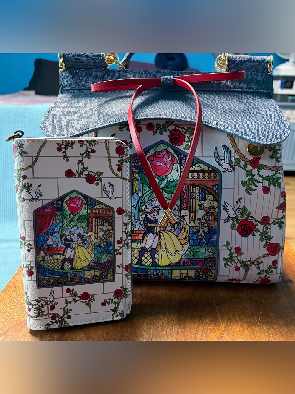 Loungefly Beauty and the Beast blue, Stained Glass purse and wallet - Picture 4 of 6